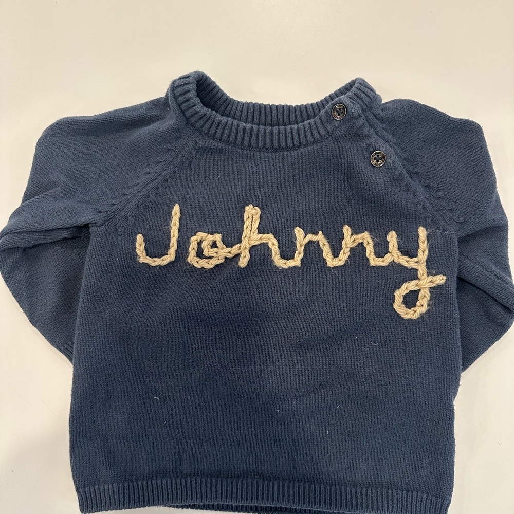 Custom Johnny knit Navy Sweater with Cream Embroider